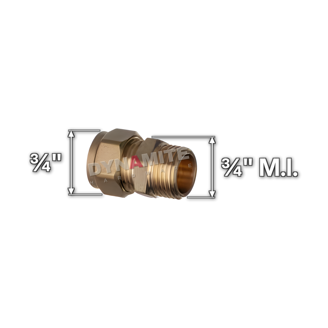 ¾" brass compression male iron coupling (Excel 31134), white arrows mark each connection: ¾" male iron (BSP), ¾" compression