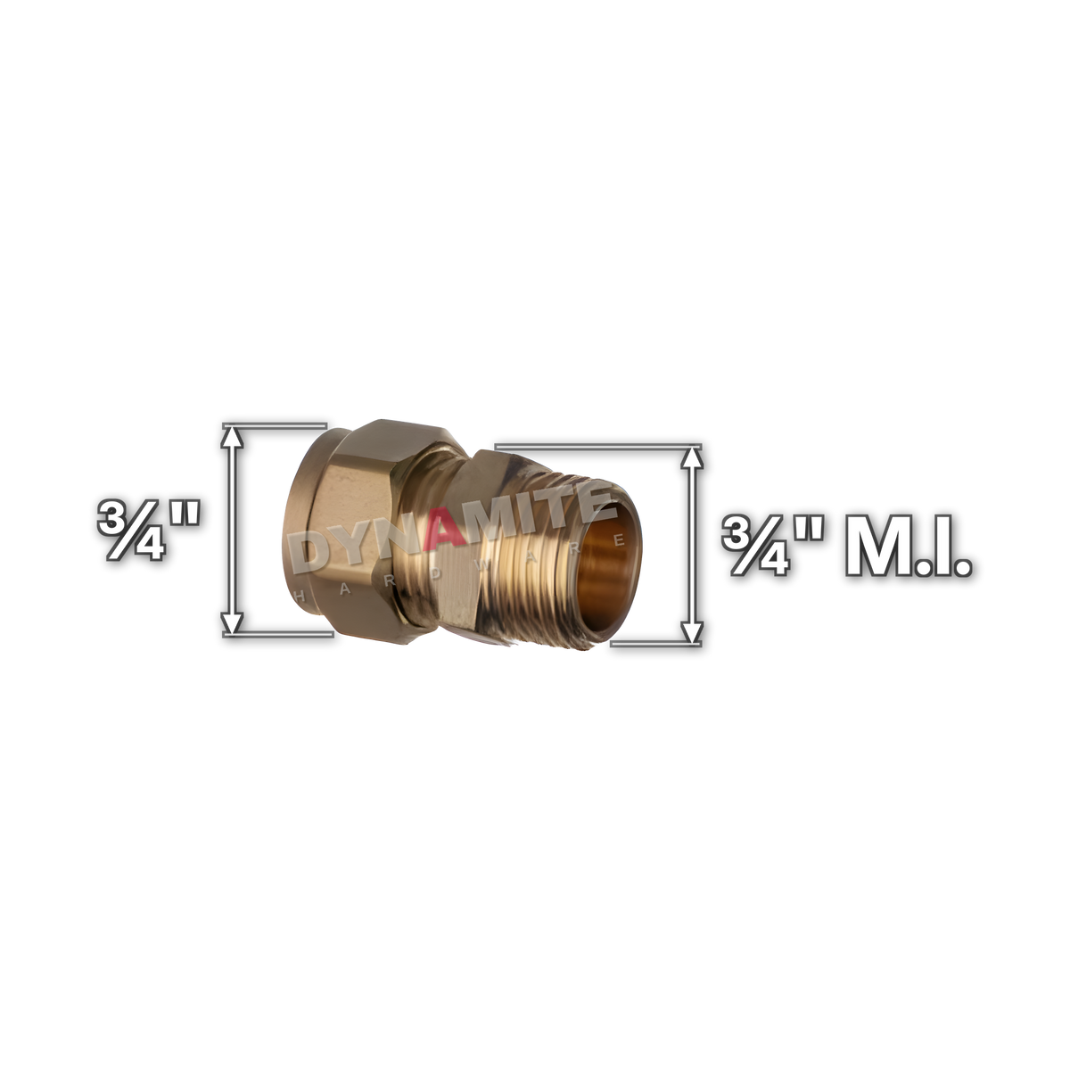 ¾" brass compression male iron coupling (Excel 31134), white arrows mark each connection: ¾" male iron (BSP), ¾" compression