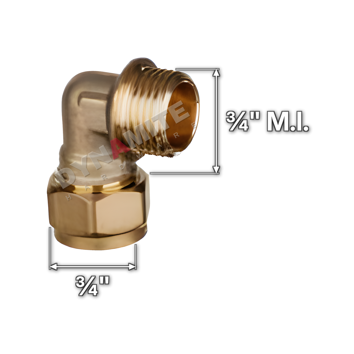 ¾" brass compression male iron elbow (Excel 31634), white arrows mark each connection: ¾" male iron (BSP), ¾" compression