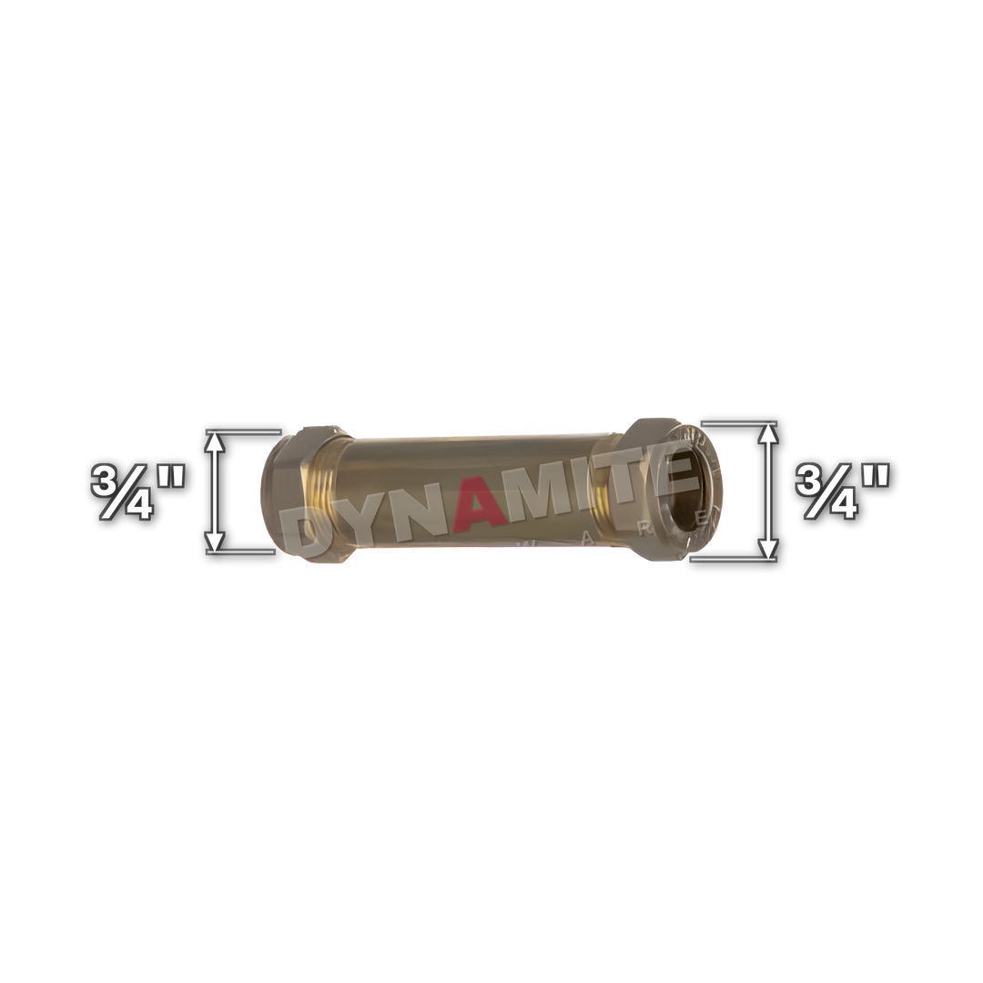 ¾" brass compression repair coupling (Excel 31034L), white arrows mark each connection: ¾" compression, ¾" compression