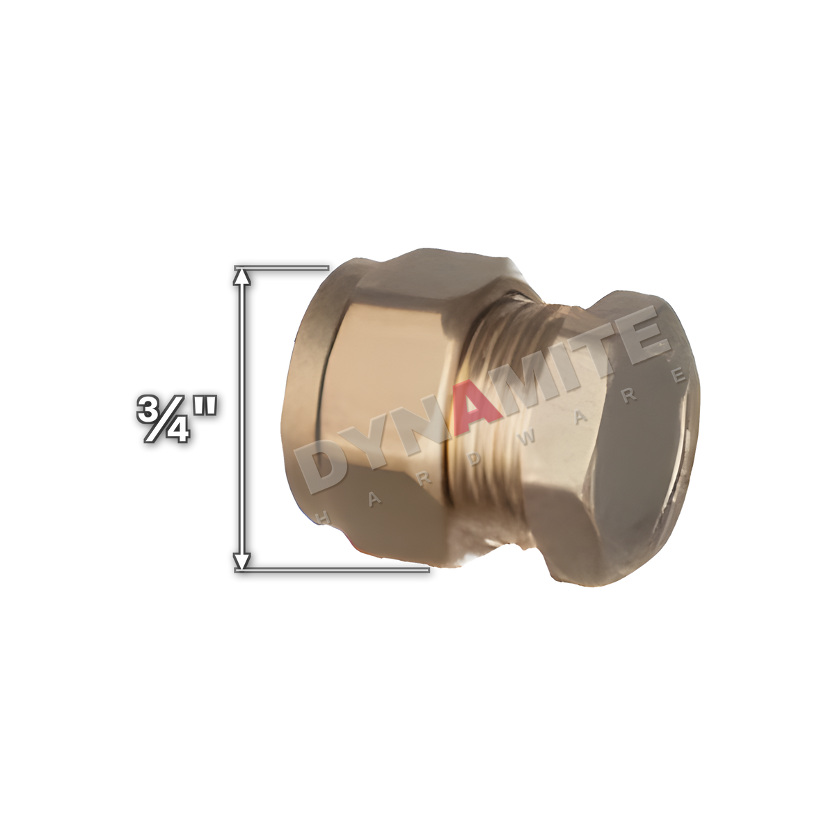 ¾" brass compression stop end (Excel 35134), ¾" size marked with a white arrow
