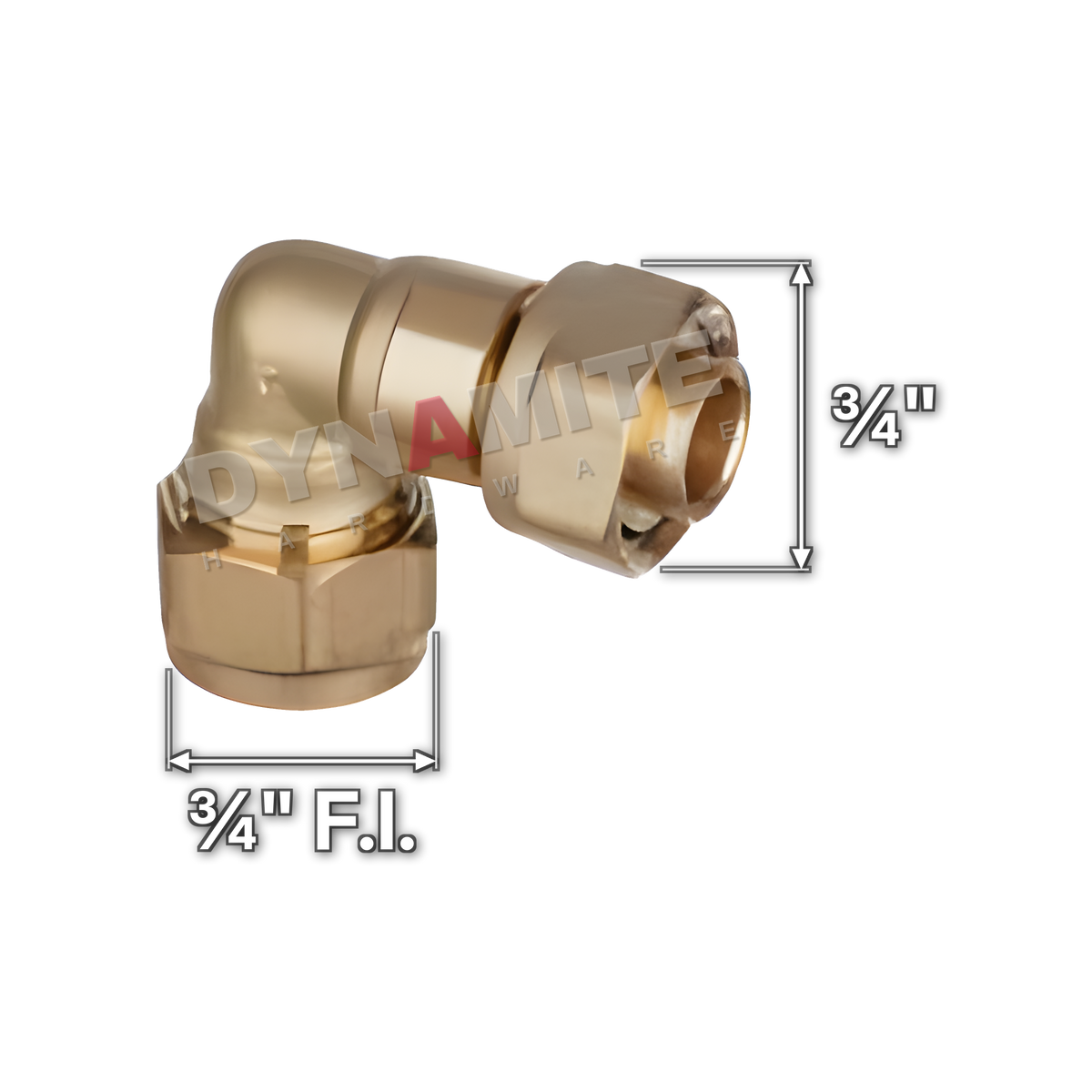 ¾" brass compression swivel elbow (Excel 32734), white arrows mark each connection: ¾" female iron (BSP), ¾" compression