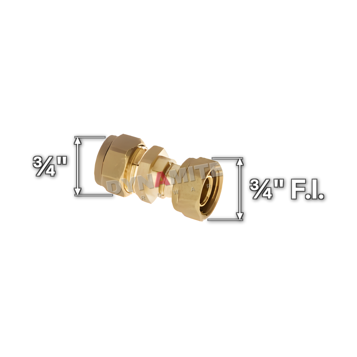¾" brass compression swivel straight connector (Excel 32634), white arrows mark each connection: ¾" female iron (BSP), ¾" compression