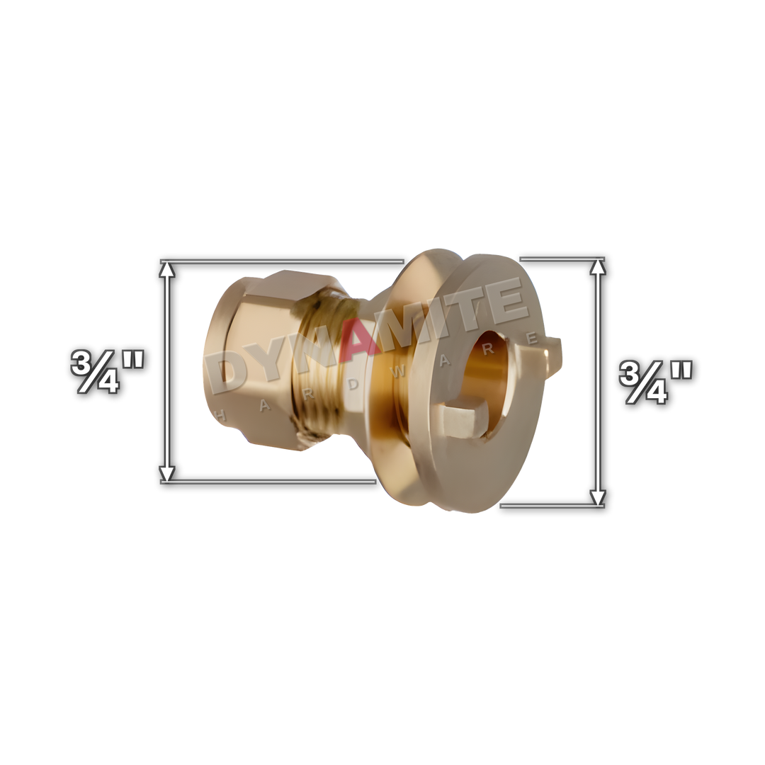 ¾" brass compression tank connector (Excel 35034), white arrows mark each connection: ¾" compression, ¾" male iron (tank connection)
