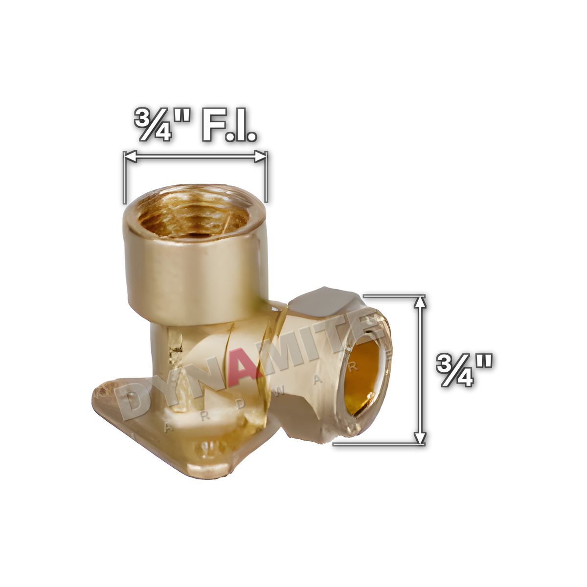 ¾" brass compression wall plate elbow (Excel 317W34), white arrows mark each connection: ¾" female iron (BSP), ¾" compression