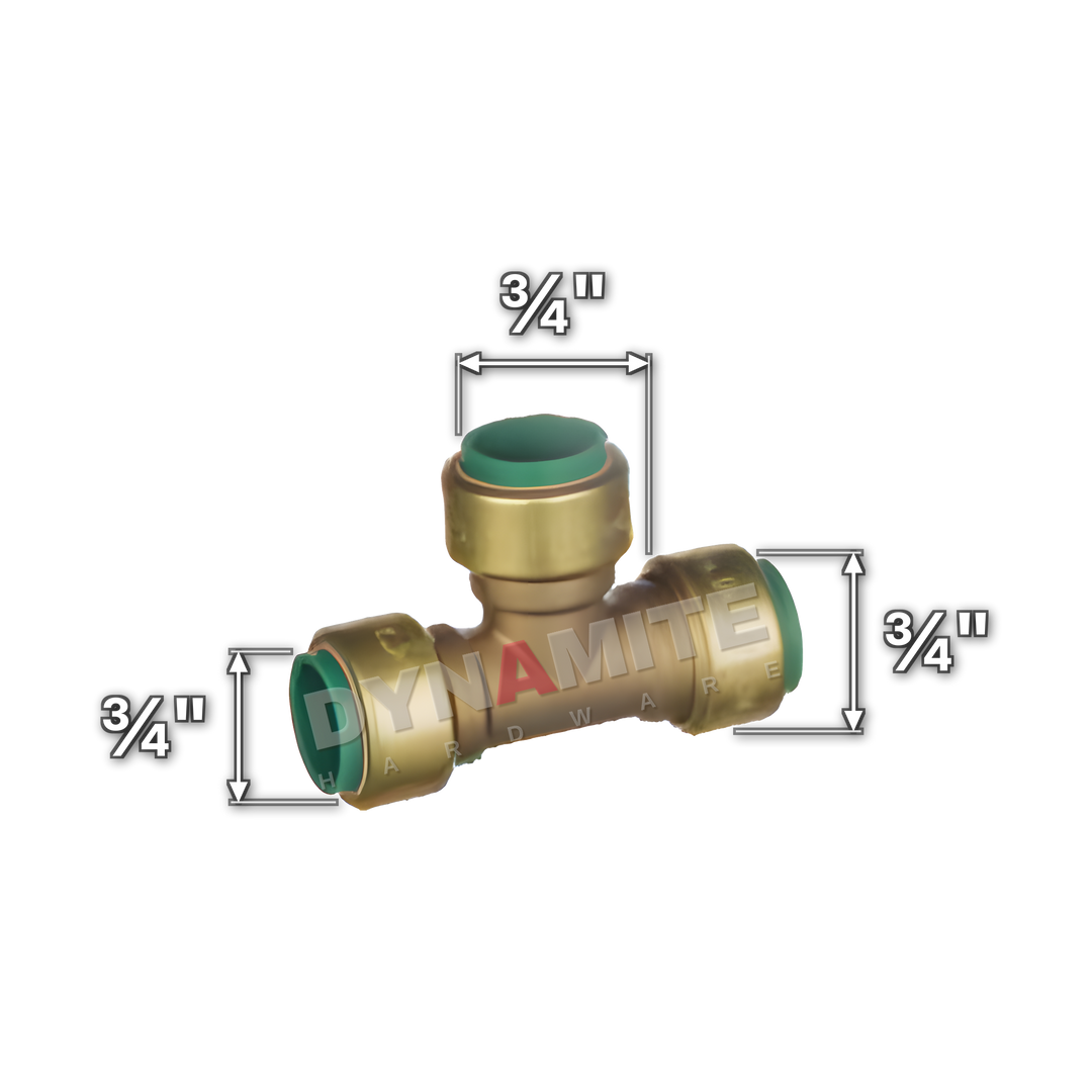 ¾" Pushtite Push-Fit Equal Tee (code PT1834), size marked with white arrows: ¾" pipe