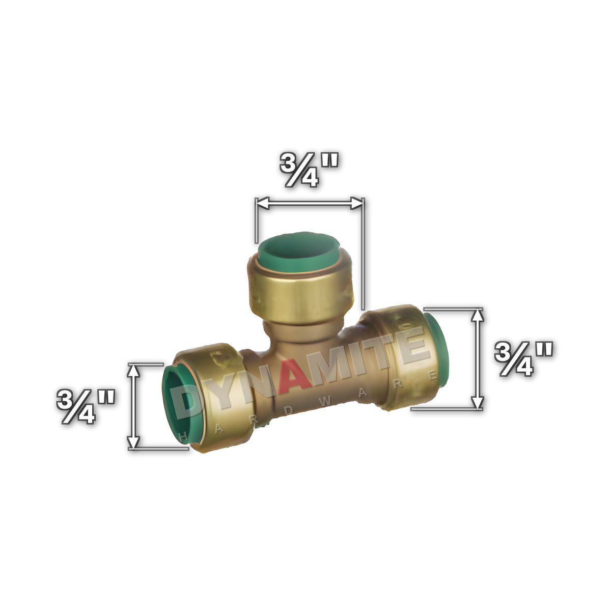 ¾" Pushtite Push-Fit Equal Tee (code PT1834), size marked with white arrows: ¾" pipe
