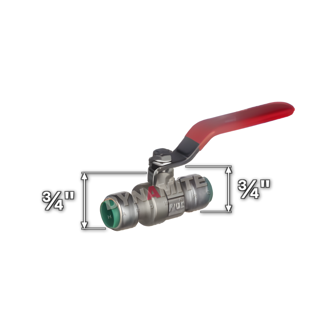 ¾" Pushtite Push-Fit Lever Ball Valve (code PT34BV), size marked with white arrows: ¾" push-fit x ¾" push-fit