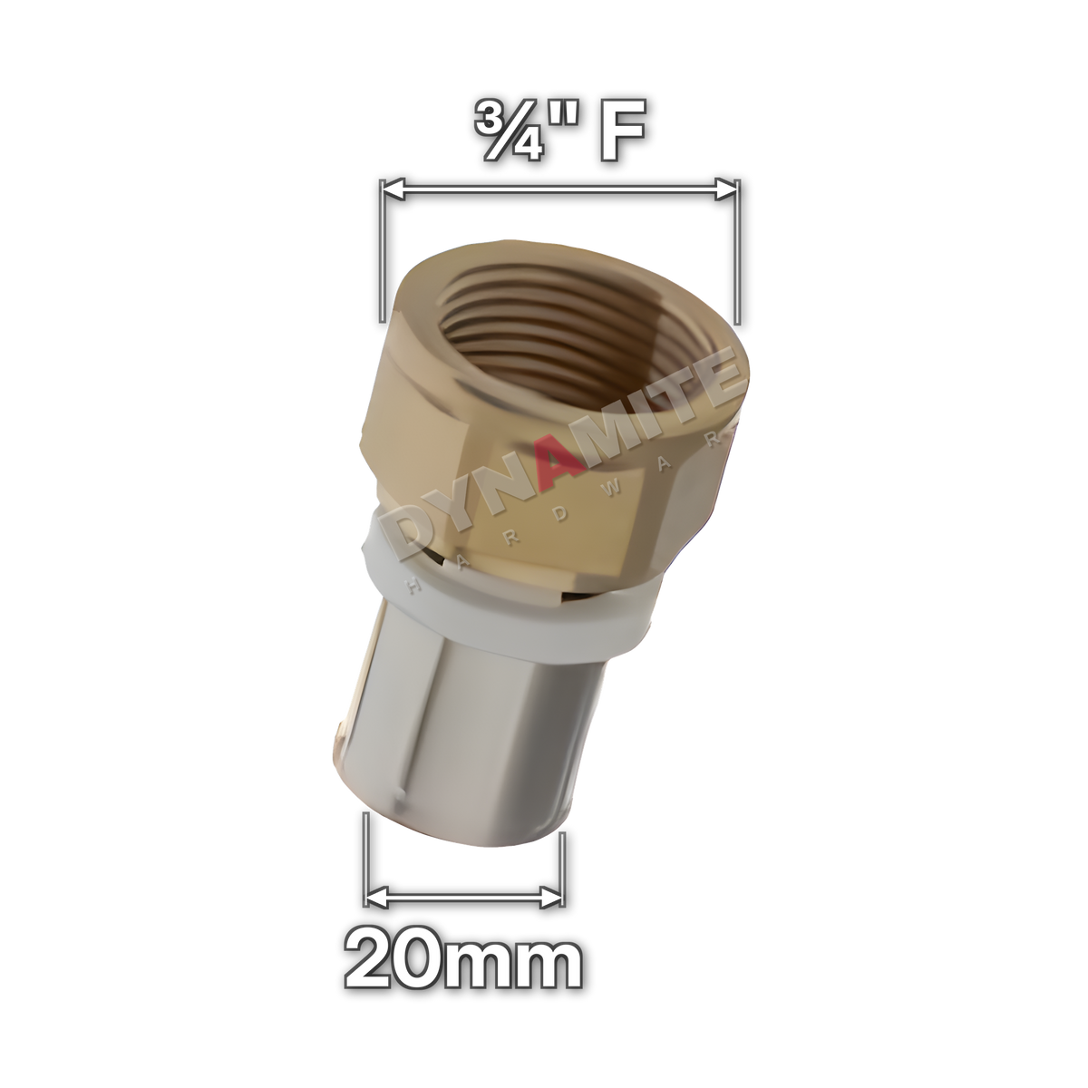 ¾" Female x 20mm Multilayer Crimp Adaptor (code MF123420), size marked with white arrows: ¾" female iron (BSP) thread x 20mm crimp
