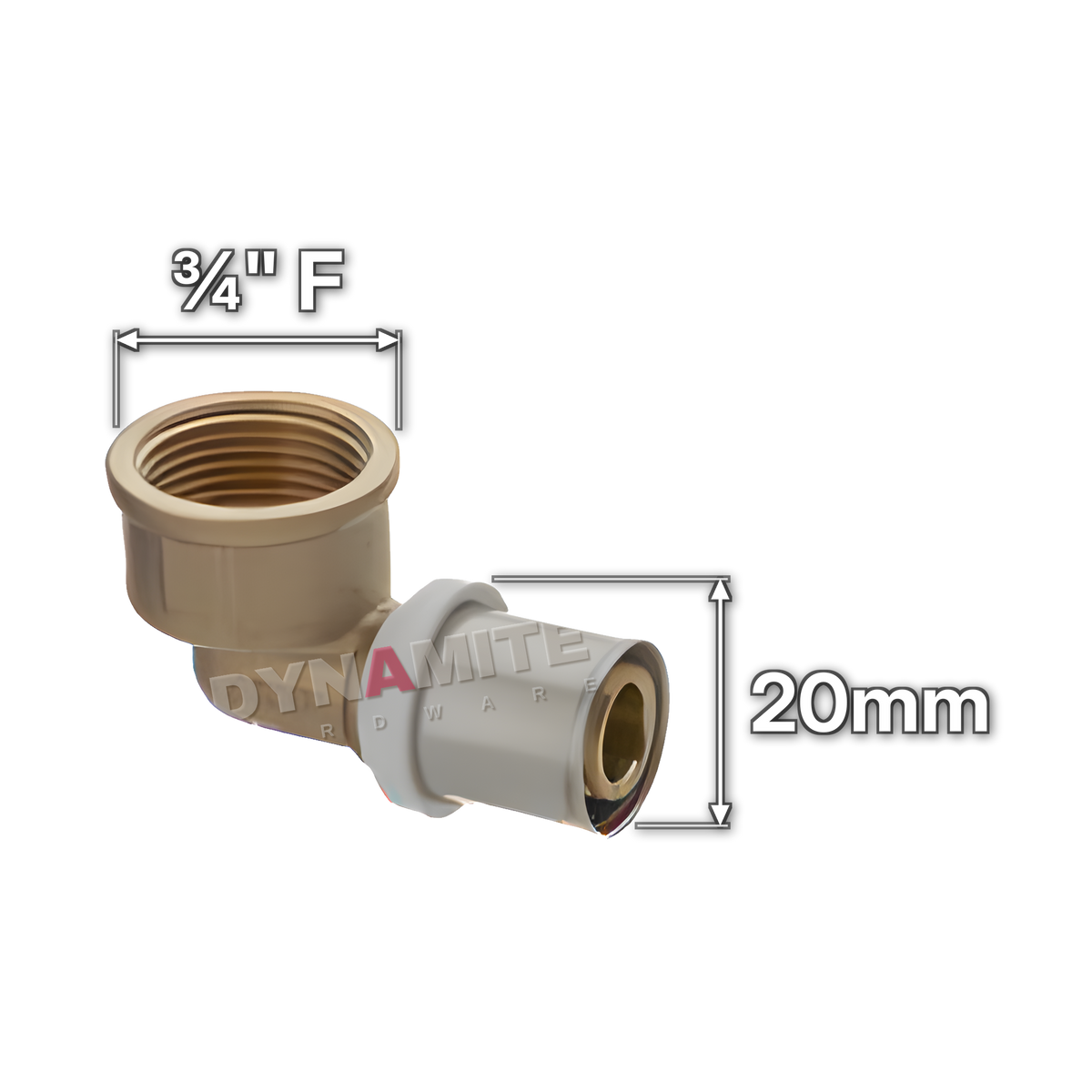 ¾" Female x 20mm Multilayer Crimp Elbow (code MF173420), size marked with white arrows: ¾" female iron (BSP) thread x 20mm crimp