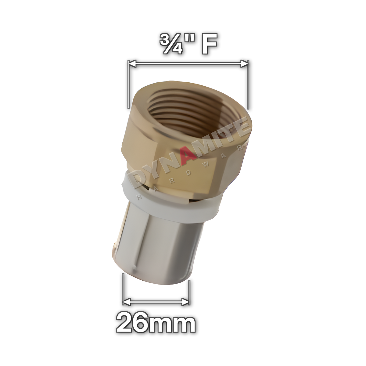 ¾" Female x 26mm Multilayer Crimp Adaptor (code MF123426), size marked with white arrows: ¾" female iron (BSP) thread x 26mm crimp