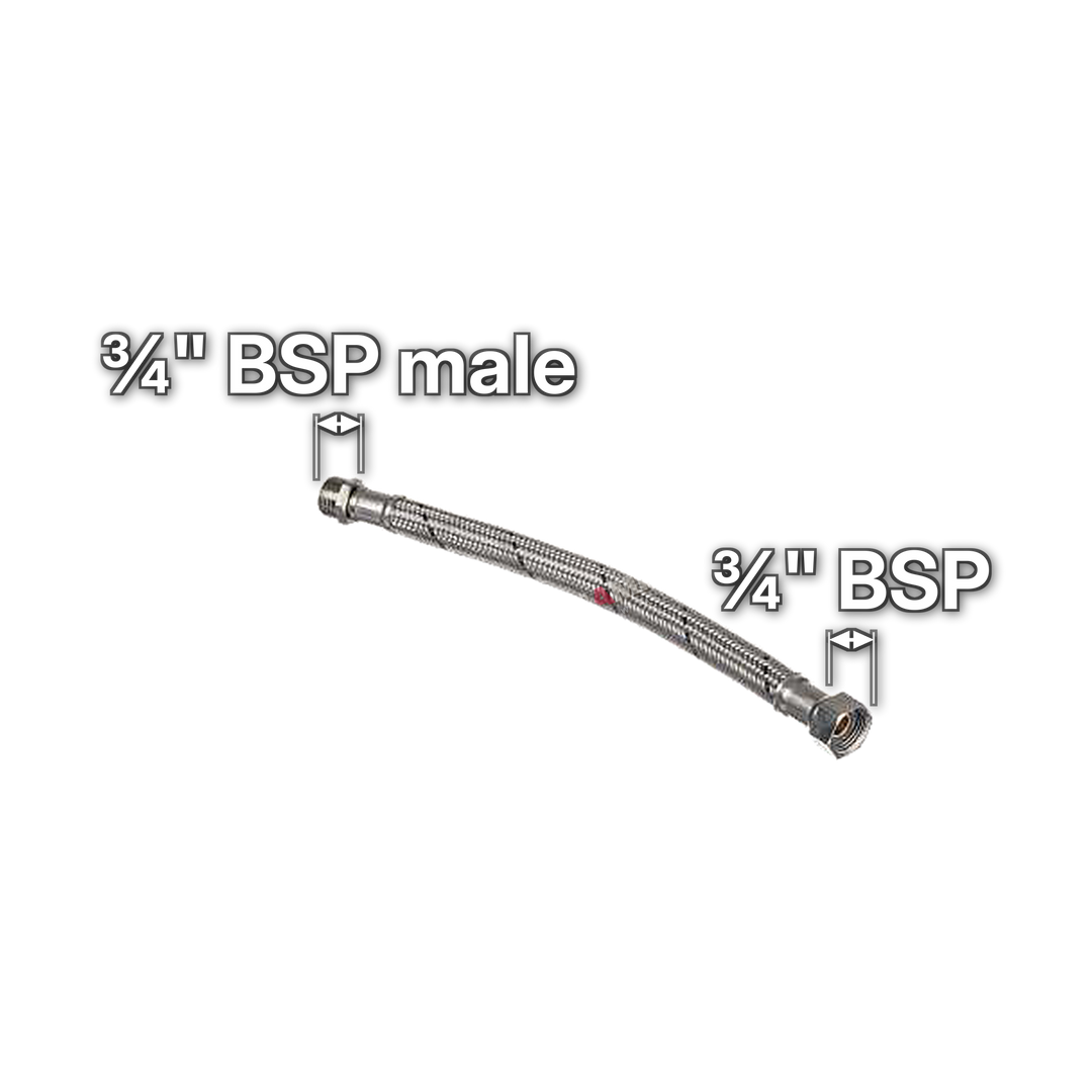 ¾" Female x ¾" Male BSP Flexible Hose, sizes marked with white arrows: ¾" BSP male and ¾" BSP