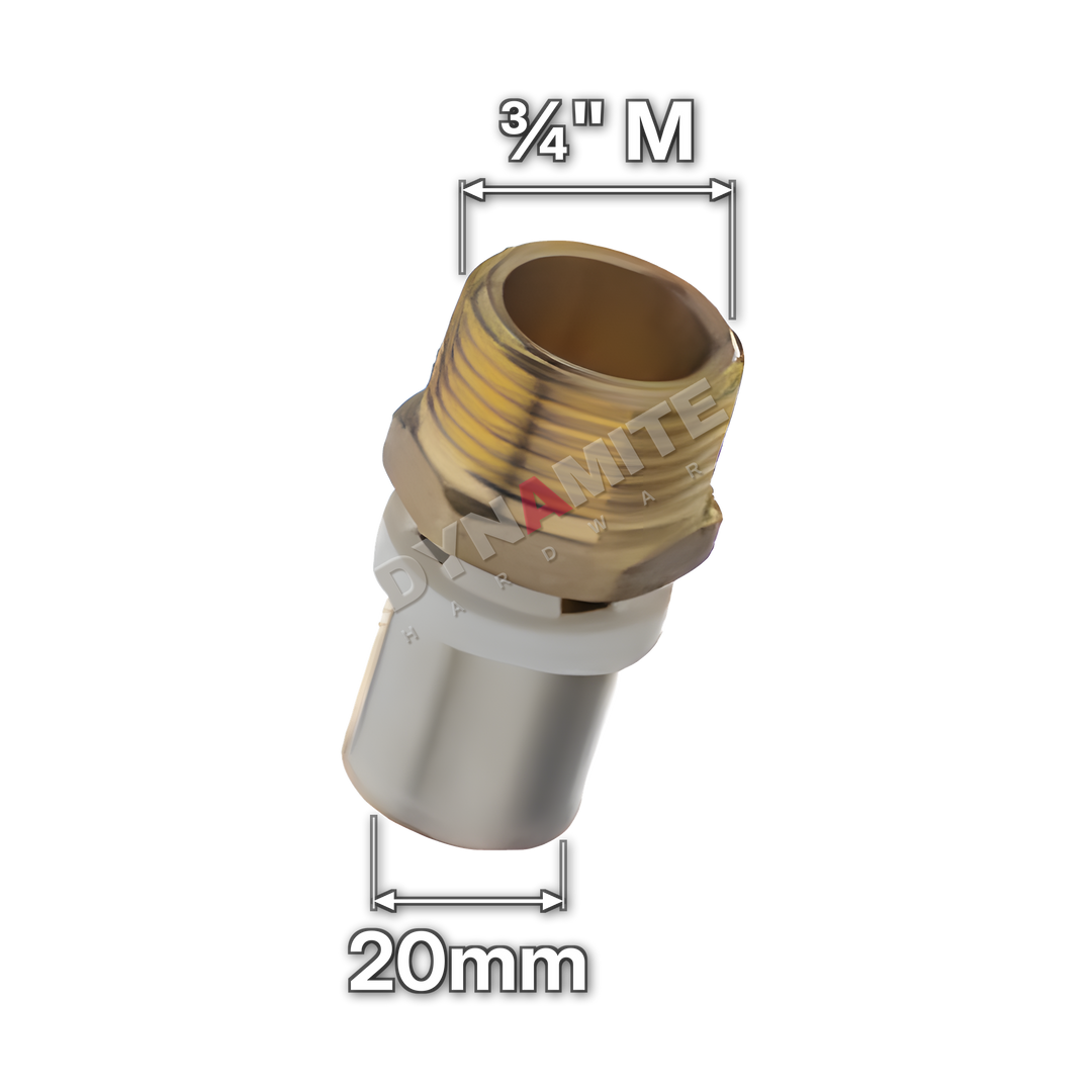 ¾" Male x 20mm Multilayer Crimp Adaptor (code MF113420), size marked with white arrows: ¾" male iron (BSP) thread x 20mm crimp