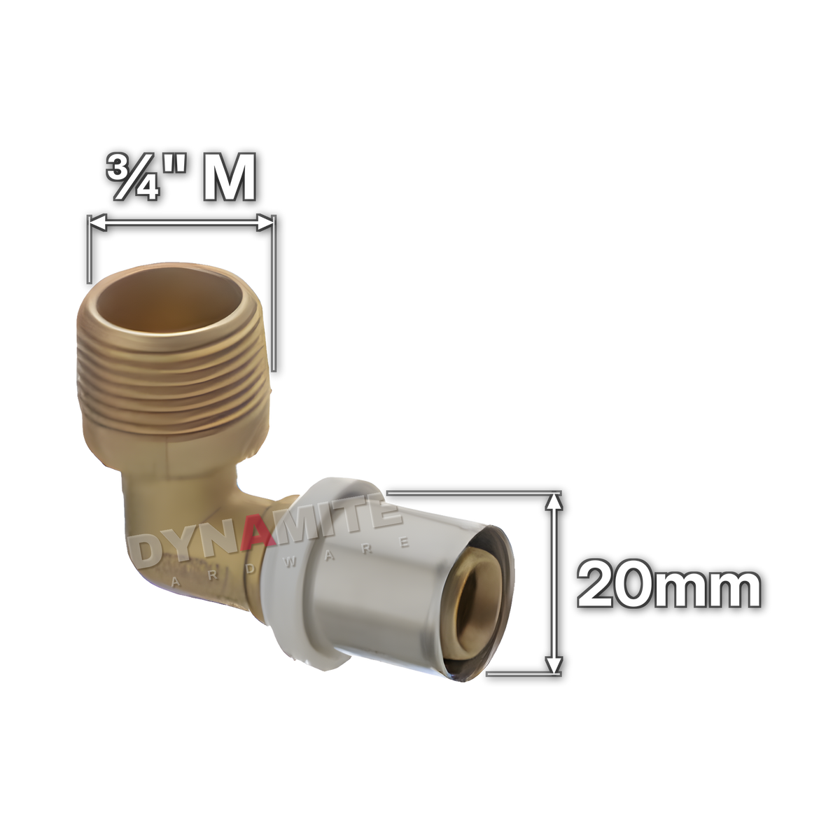 ¾" Male x 20mm Multilayer Crimp Elbow (code MF163420), size marked with white arrows: ¾" male iron (BSP) thread x 20mm crimp
