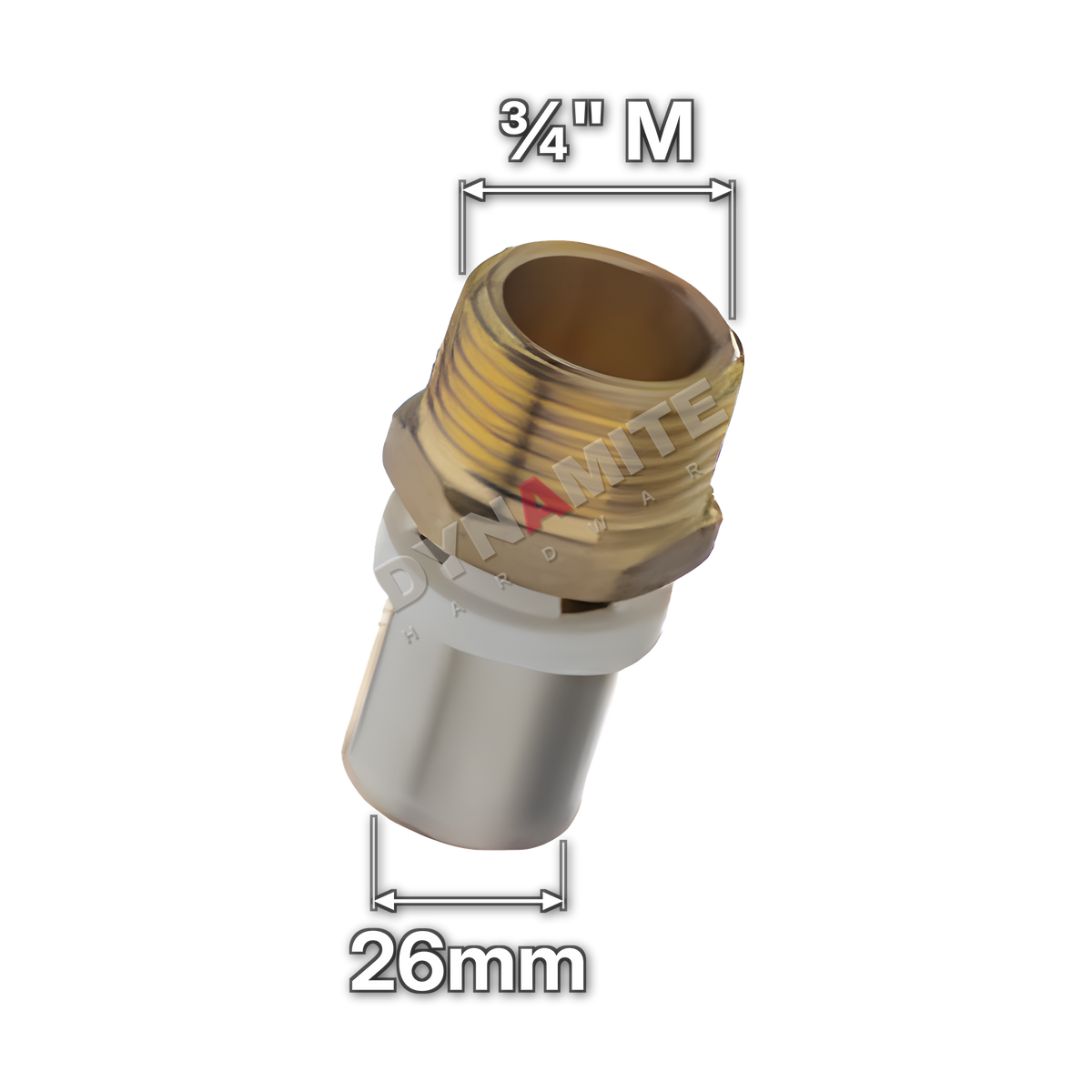 ¾" Male x 26mm Multilayer Crimp Adaptor (code MF113426), size marked with white arrows: ¾" male iron (BSP) thread x 26mm crimp