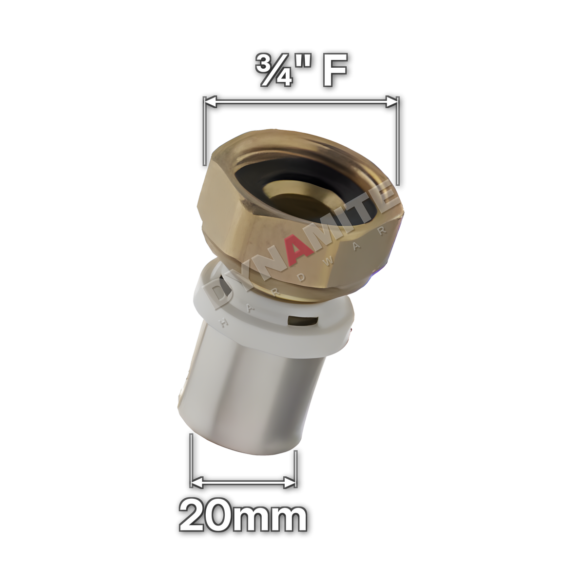 ¾" Swivel Female x 20mm Multilayer Crimp Adaptor (code MF263420), size marked with white arrows: ¾" female swivel nut (BSP thread) x 20mm crimp