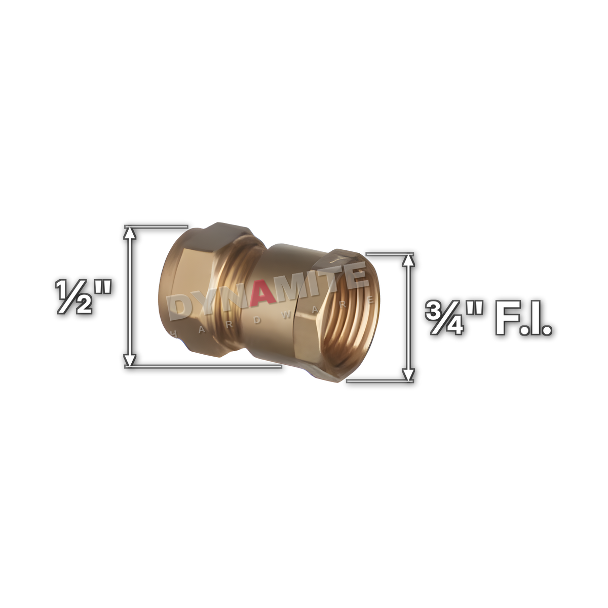 ¾" x ½" brass compression female iron coupling (Excel 3123412), white arrows mark each connection: ¾" female iron (BSP), ½" compression
