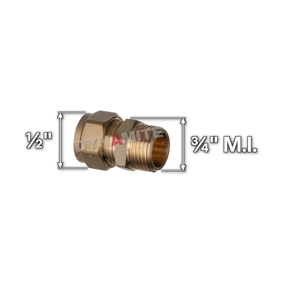 ¾" x ½" brass compression male iron coupling (Excel 3113412), white arrows mark each connection: ¾" male iron (BSP), ½" compression