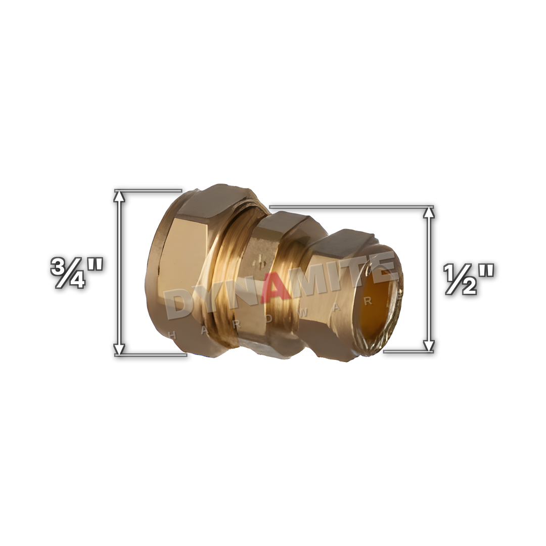¾" x ½" brass compression reducing coupling (Excel 3103412), white arrows mark each connection: ¾" compression, ½" compression