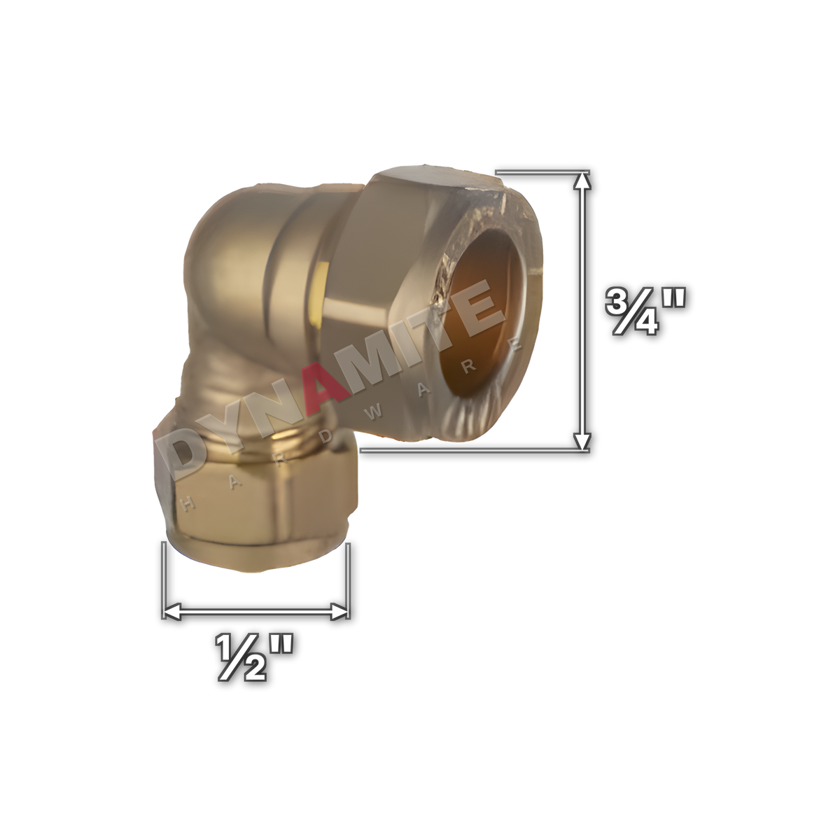¾" x ½" brass compression reducing elbow (Excel 3153412), white arrows mark each connection: ¾" compression, ½" compression