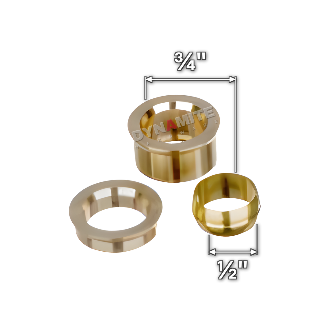 ¾" x ½" brass compression reducing set (Excel 3483412), fits ¾" fitting, takes ½" pipe, sizes marked with white arrows