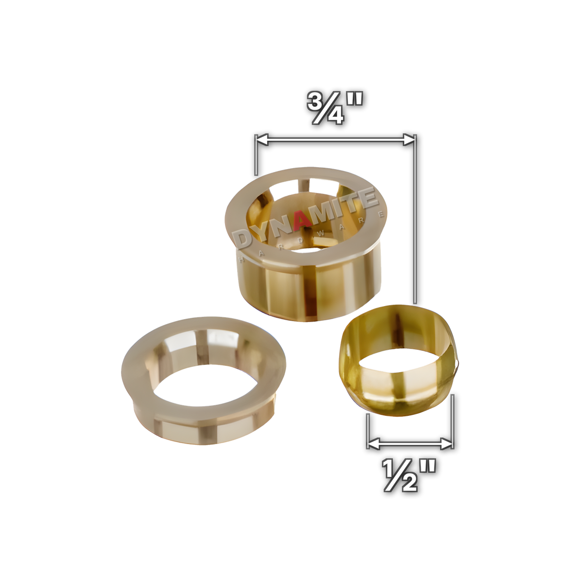 ¾" x ½" brass compression reducing set (Excel 3483412), fits ¾" fitting, takes ½" pipe, sizes marked with white arrows