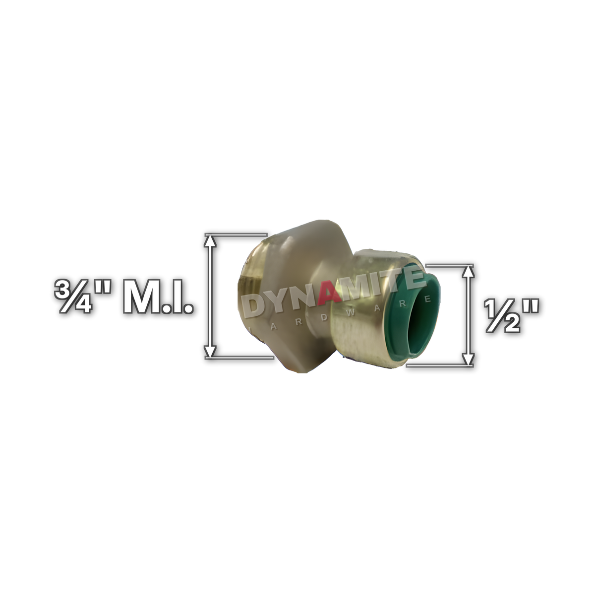 ¾" M.I. x ½" Pushtite Push-Fit Male Iron Coupling (code PT113412), size marked with white arrows: ¾" male iron (BSP) x ½" push-fit