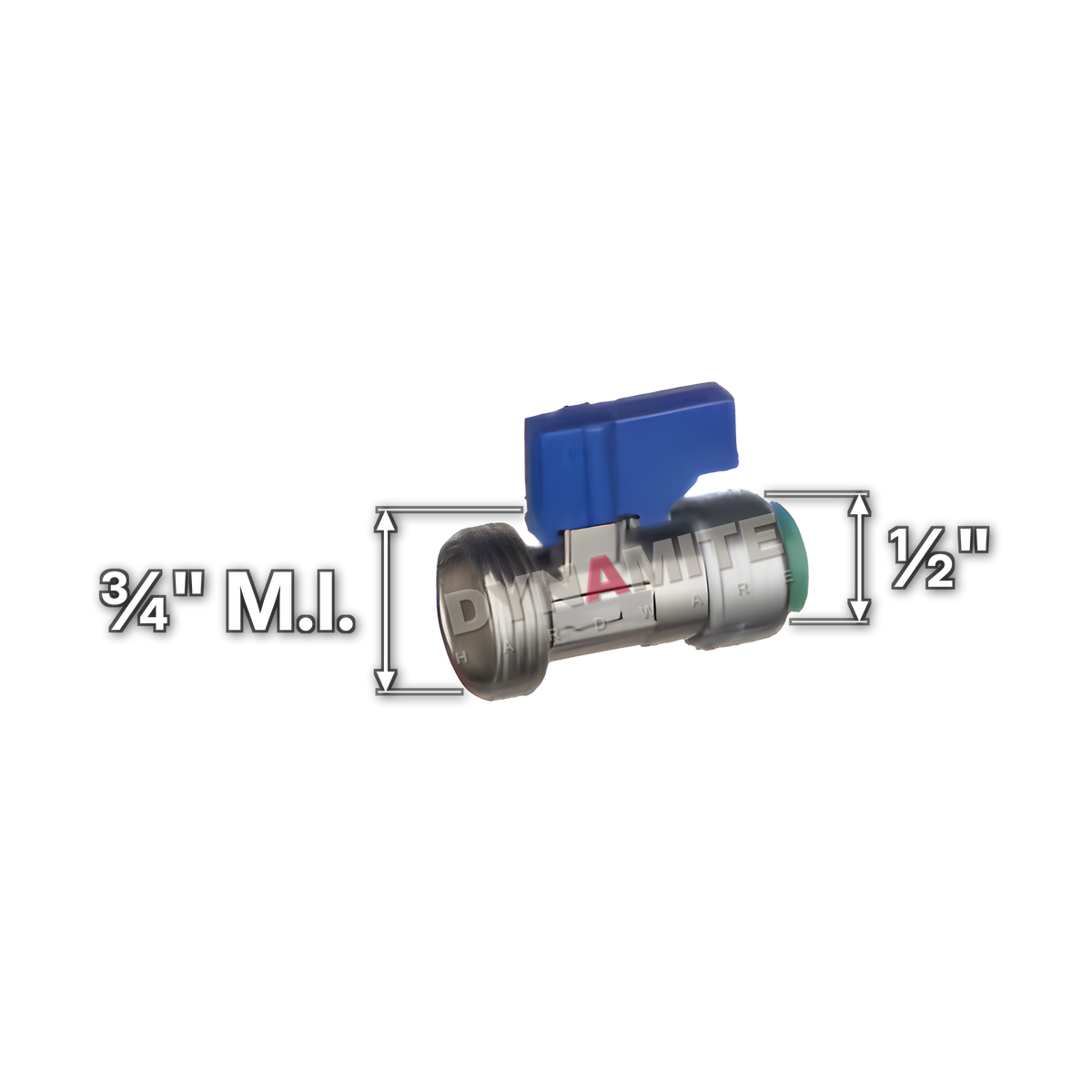 ¾" M.I. x ½" Pushtite Push-Fit Washing Machine Valve (code PTWMV), size marked with white arrows: ½" push-fit inlet x ¾" male iron (BSP) outlet