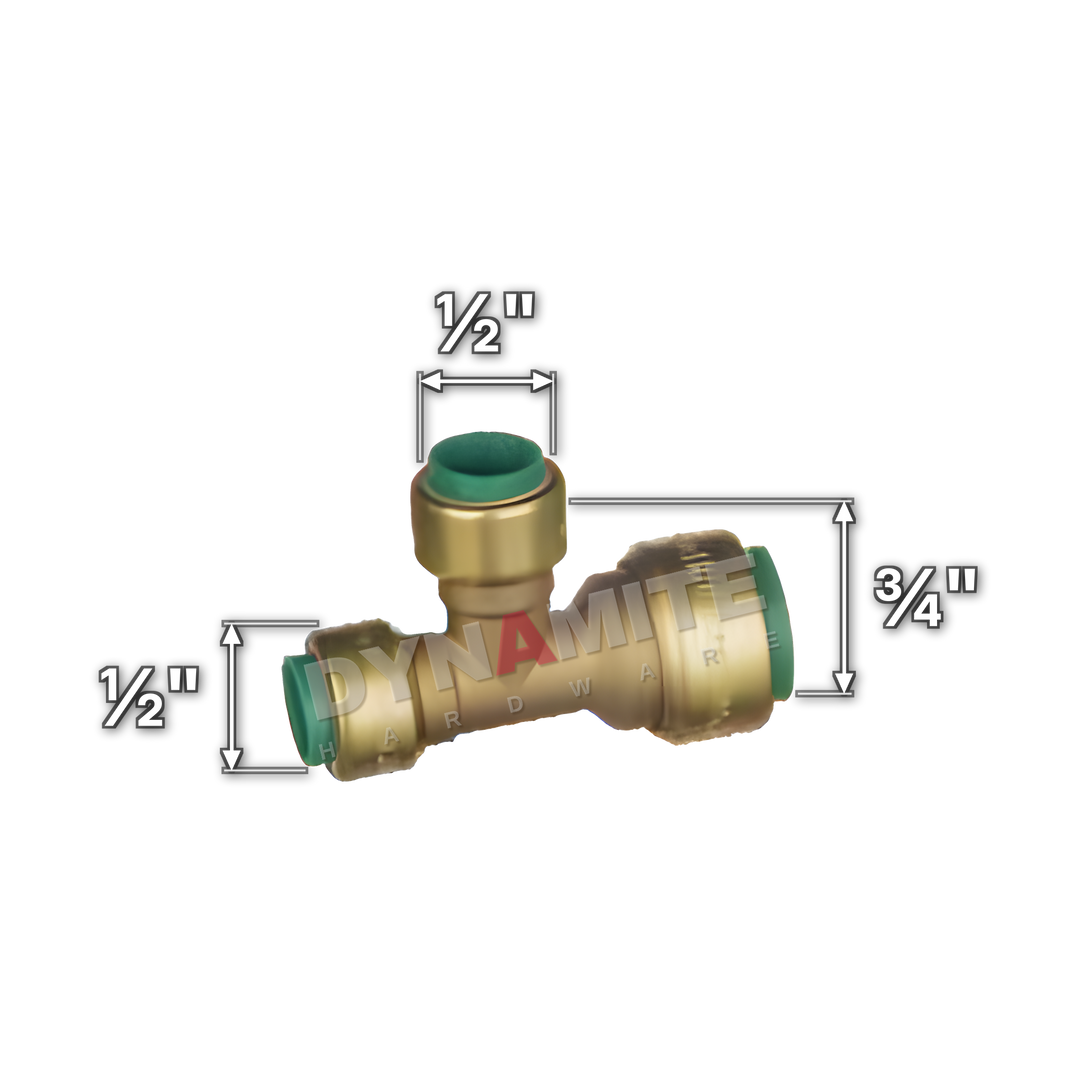 ¾" x ½" x ½" Pushtite Push-Fit Reduced End & Branch Tee (code PT18341212), size marked with white arrows: ¾" x ½" push-fit ends, ½" push-fit branch