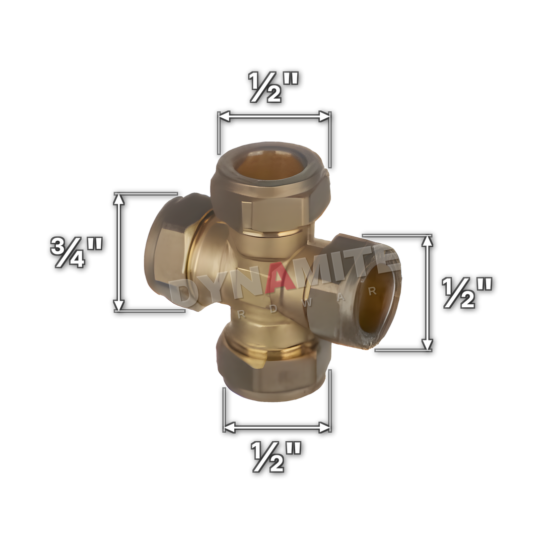 ¾" x ½" x ½" x ½" brass compression cross tee (Excel 3223412), white arrows mark each connection: ¾" compression, ½" compression, ½" compression, ½" compression