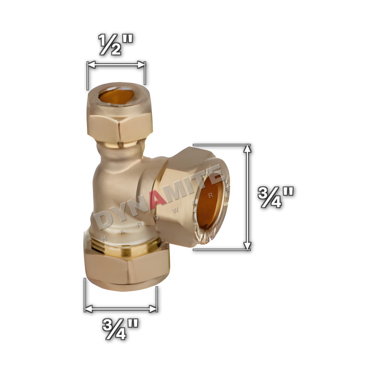 ¾" x ½" x ¾" brass compression reducing tee (Excel 318341234), white arrows mark each connection: ¾" compression, ½" compression, ¾" compression