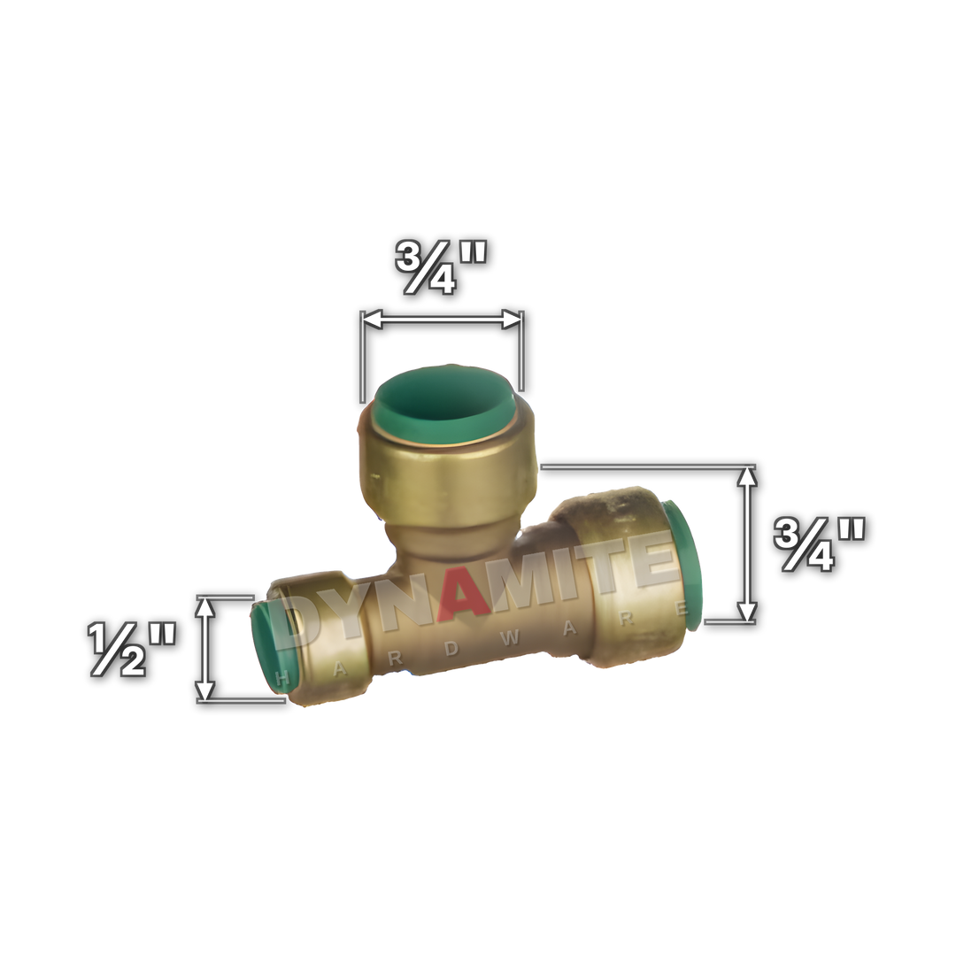 ¾" x ½" x ¾" Pushtite Push-Fit Reduced End Tee (code PT18341234), size marked with white arrows: ¾" x ½" push-fit ends, ¾" push-fit branch