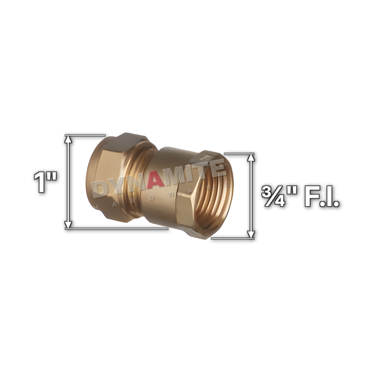 ¾" x 1" brass compression female iron coupling (Excel 312341), white arrows mark each connection: ¾" female iron (BSP), 1" compression
