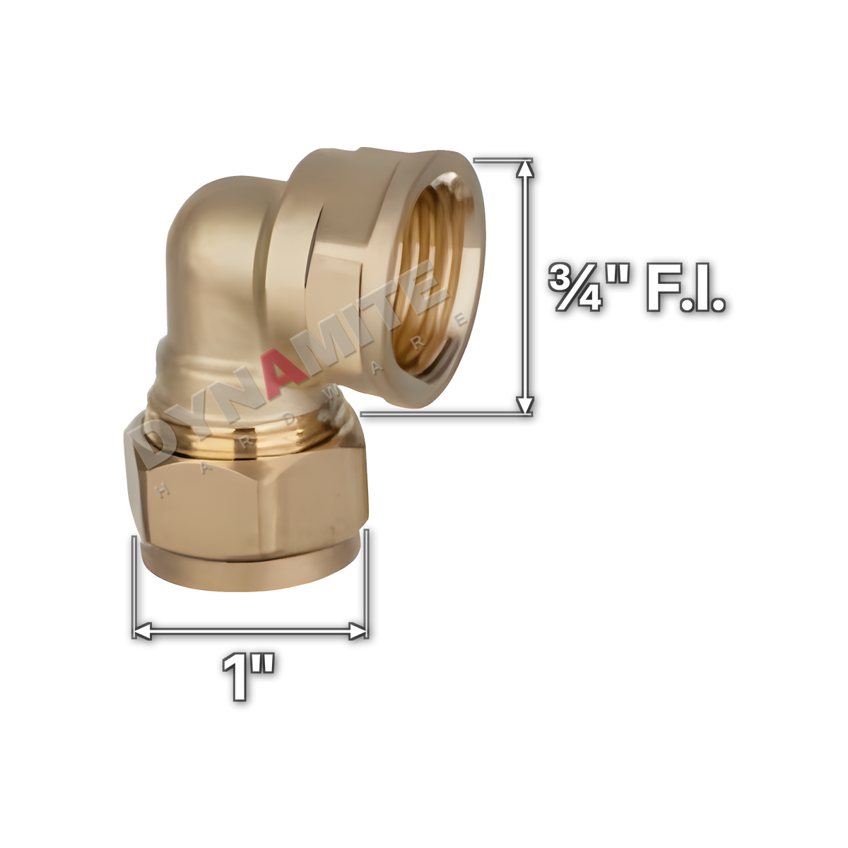 ¾" x 1" brass compression female iron elbow (Excel 317341), white arrows mark each connection: ¾" female iron (BSP), 1" compression
