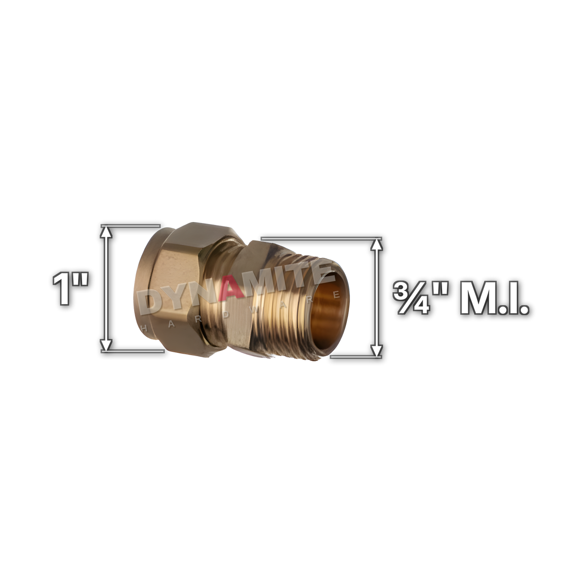 ¾" x 1" brass compression male iron coupling (Excel 311341), white arrows mark each connection: ¾" male iron (BSP), 1" compression