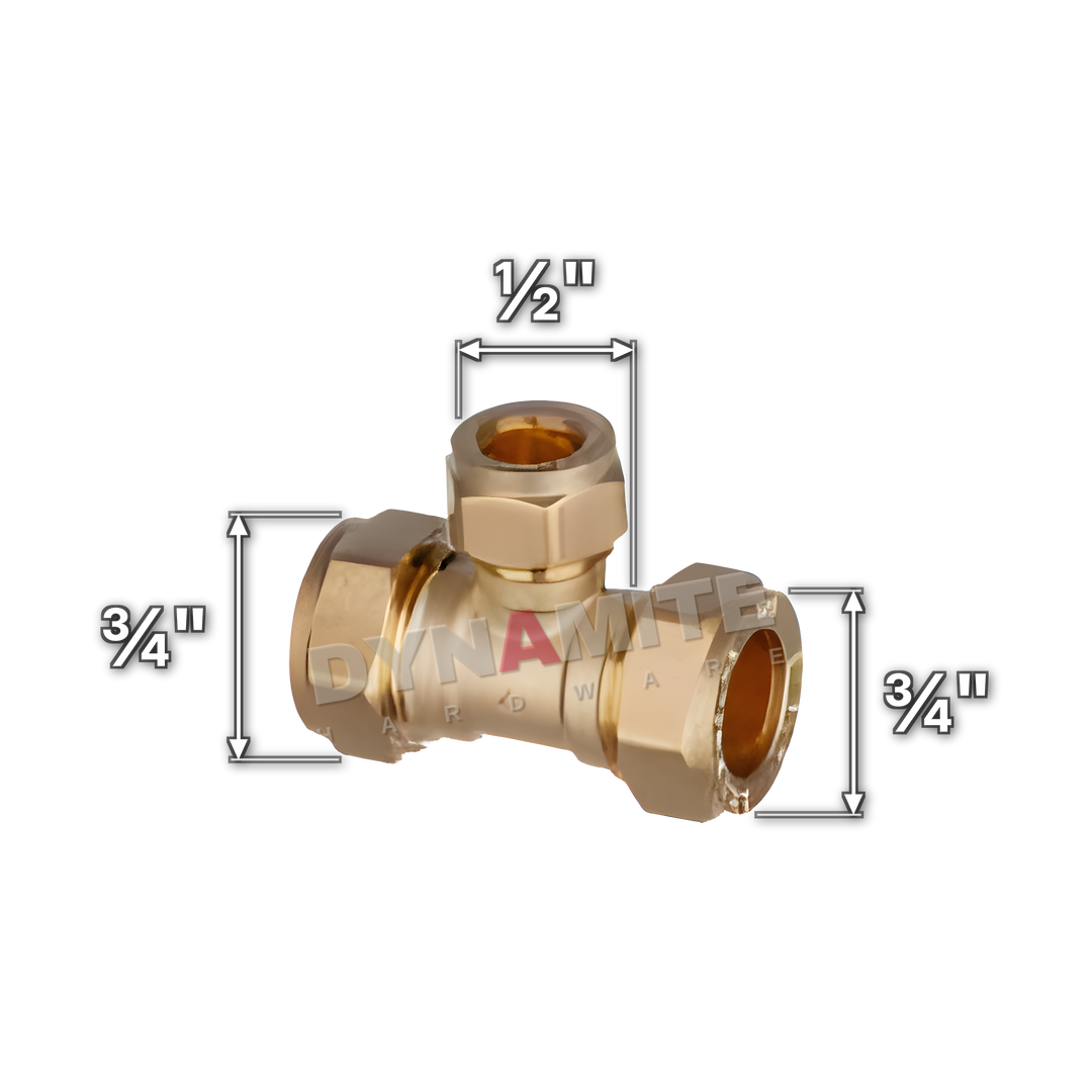 ¾" x ¾" x ½" brass compression reducing tee (Excel 3183412), white arrows mark each connection: ¾" compression, ¾" compression, ½" compression