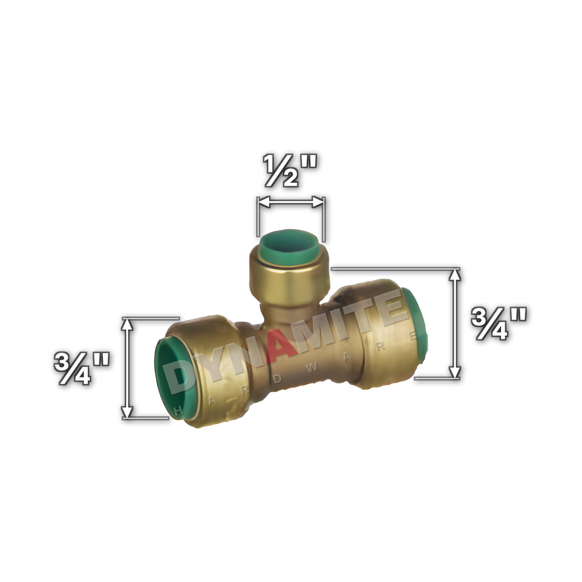 ¾" x ¾" x ½" Pushtite Push-Fit Reduced Branch Tee (code PT183412), size marked with white arrows: ¾" x ¾" push-fit ends, ½" push-fit branch