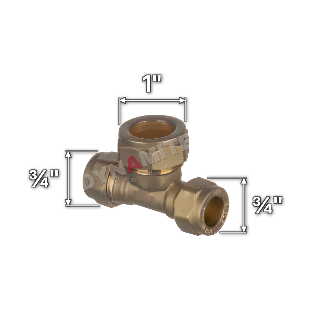 ¾" x ¾" x 1" brass compression reducing tee (Excel 318341), white arrows mark each connection: ¾" compression, ¾" compression, 1" compression