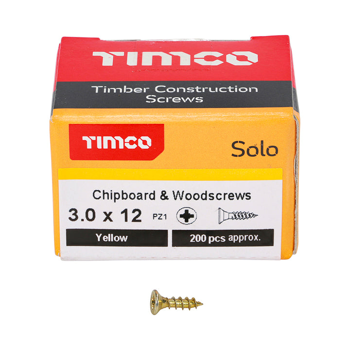 3.0 x 12 Solo Chipboard & Woodscrews - PZ - Double Countersunk - Yellow