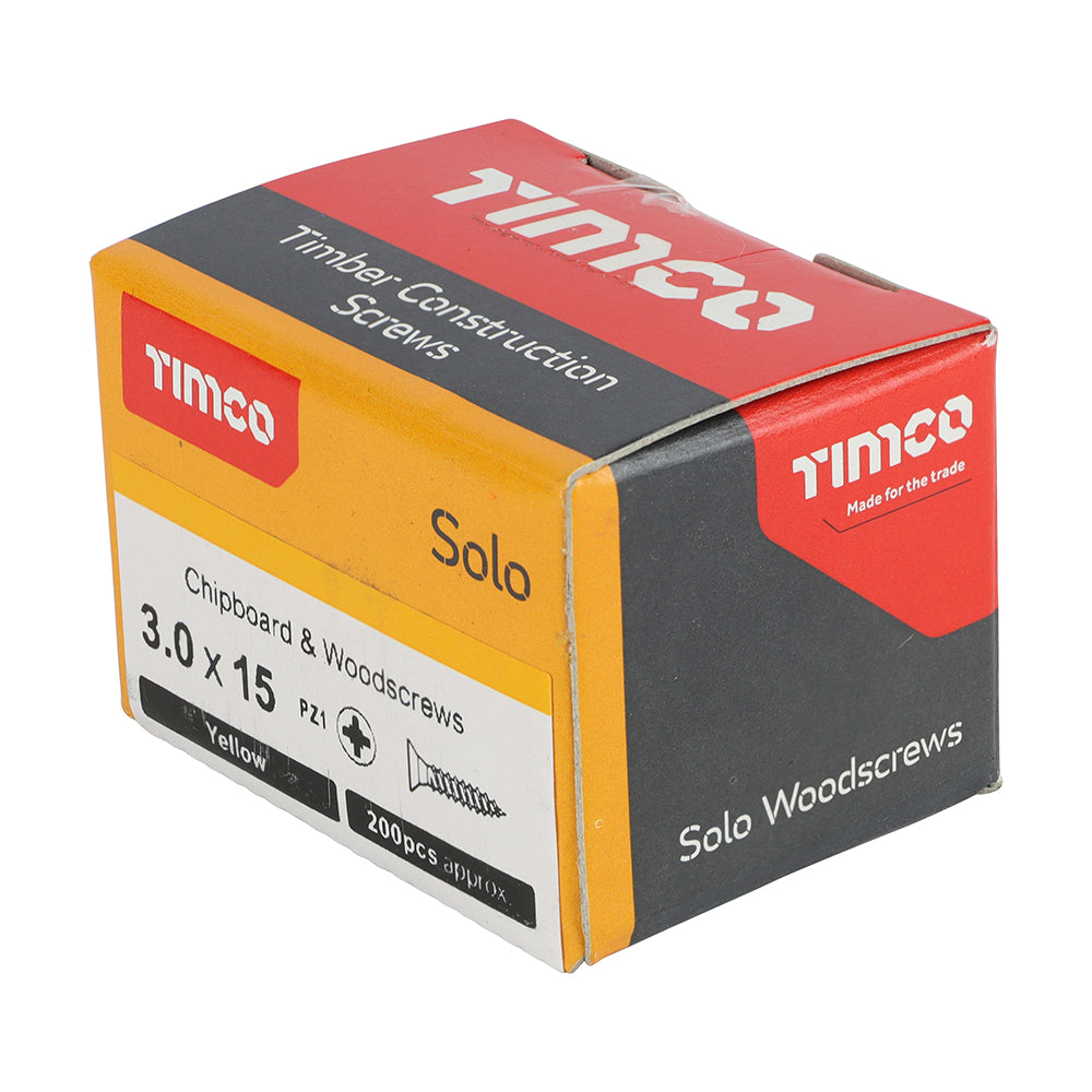 3.0 x 15 Solo Chipboard & Woodscrews - PZ - Double Countersunk - Yellow