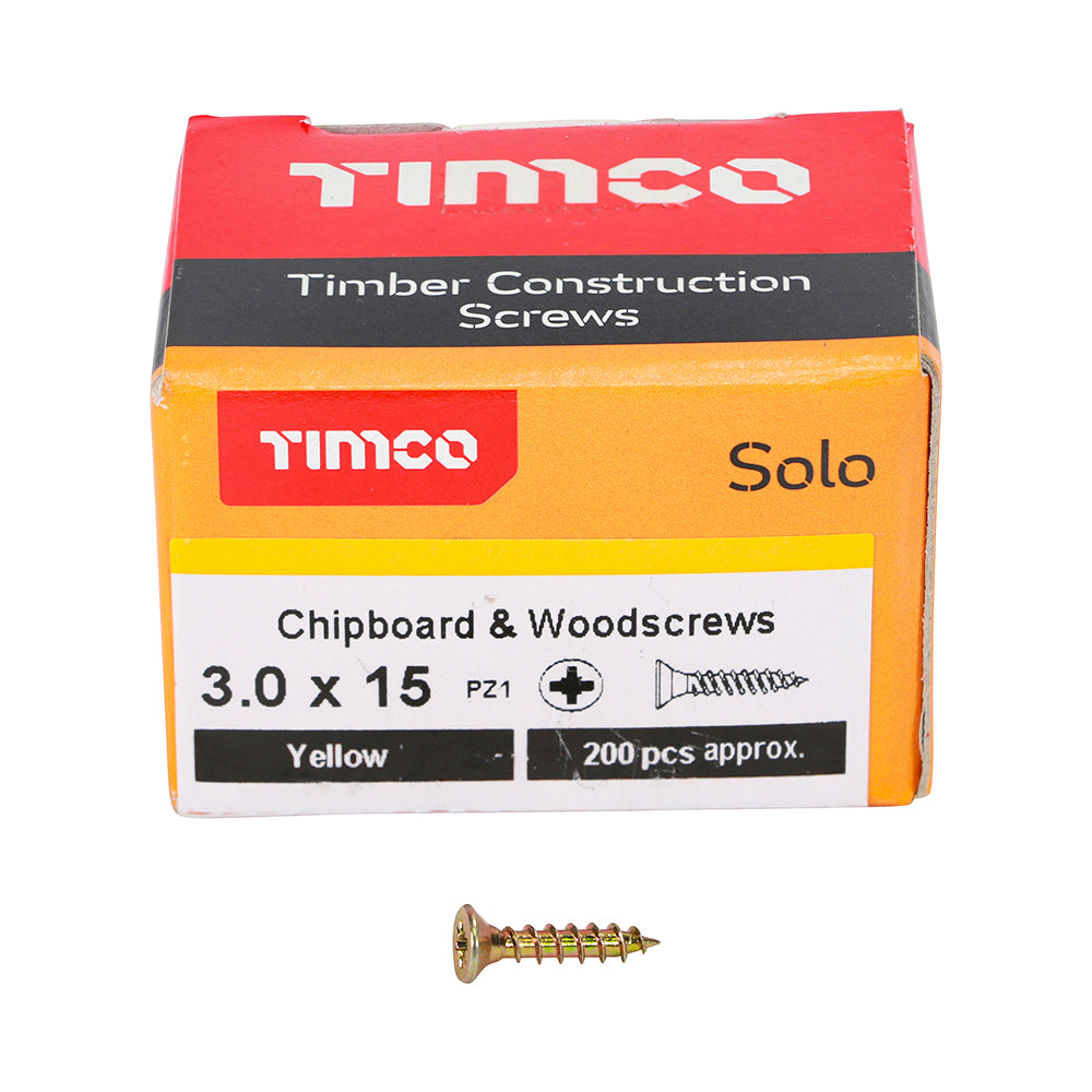 3.0 x 15 Solo Chipboard & Woodscrews - PZ - Double Countersunk - Yellow