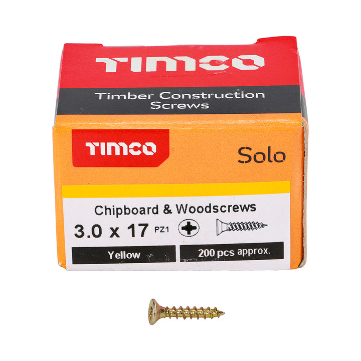 3.0 x 17 Solo Chipboard & Woodscrews - PZ - Double Countersunk - Yellow