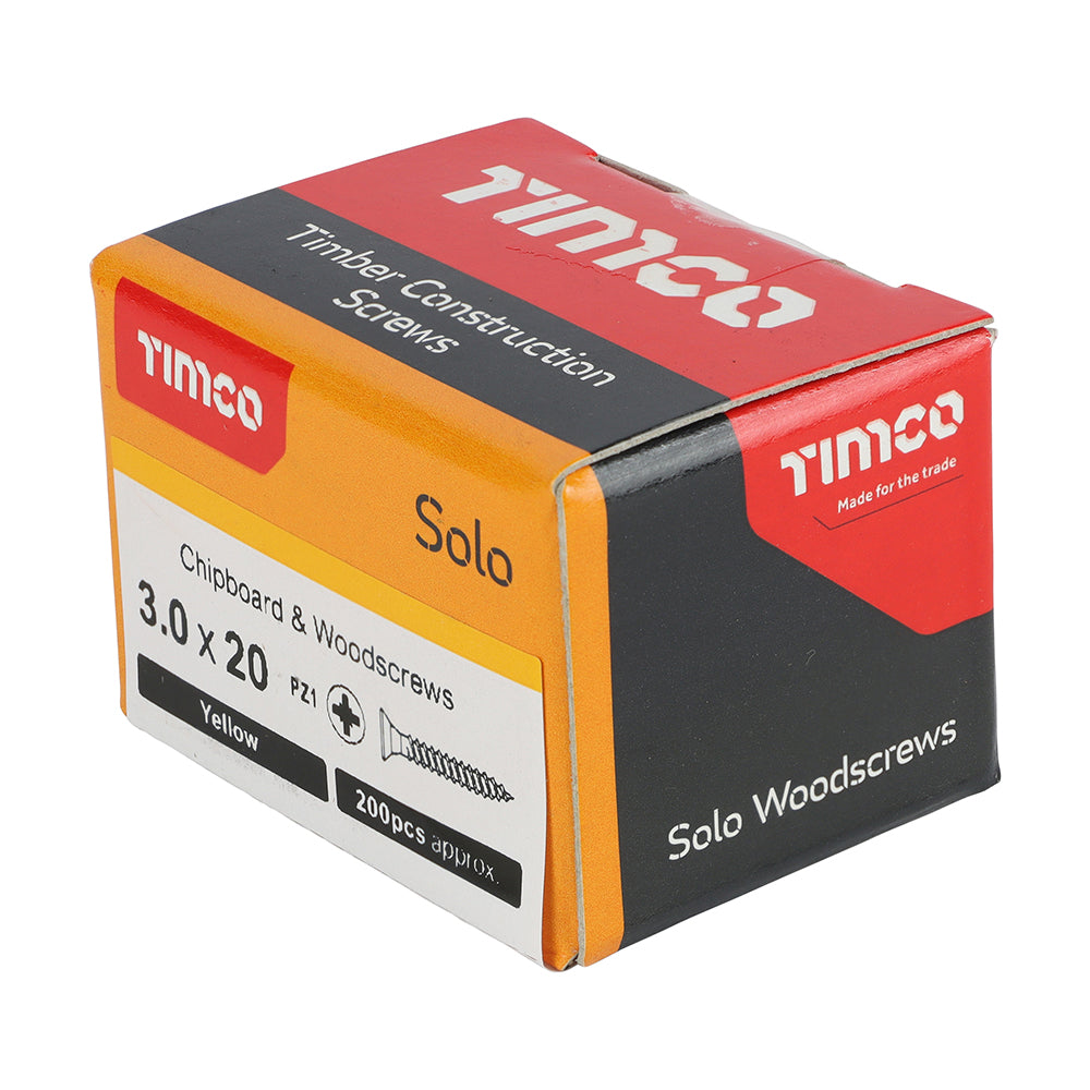 3.0 x 20 Solo Chipboard & Woodscrews - PZ - Double Countersunk - Yellow