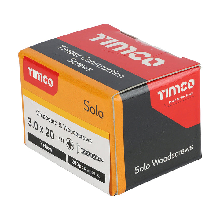 3.0 x 20 Solo Chipboard & Woodscrews - PZ - Double Countersunk - Yellow