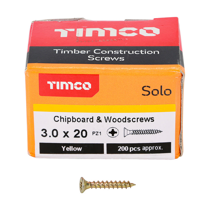 3.0 x 20 Solo Chipboard & Woodscrews - PZ - Double Countersunk - Yellow