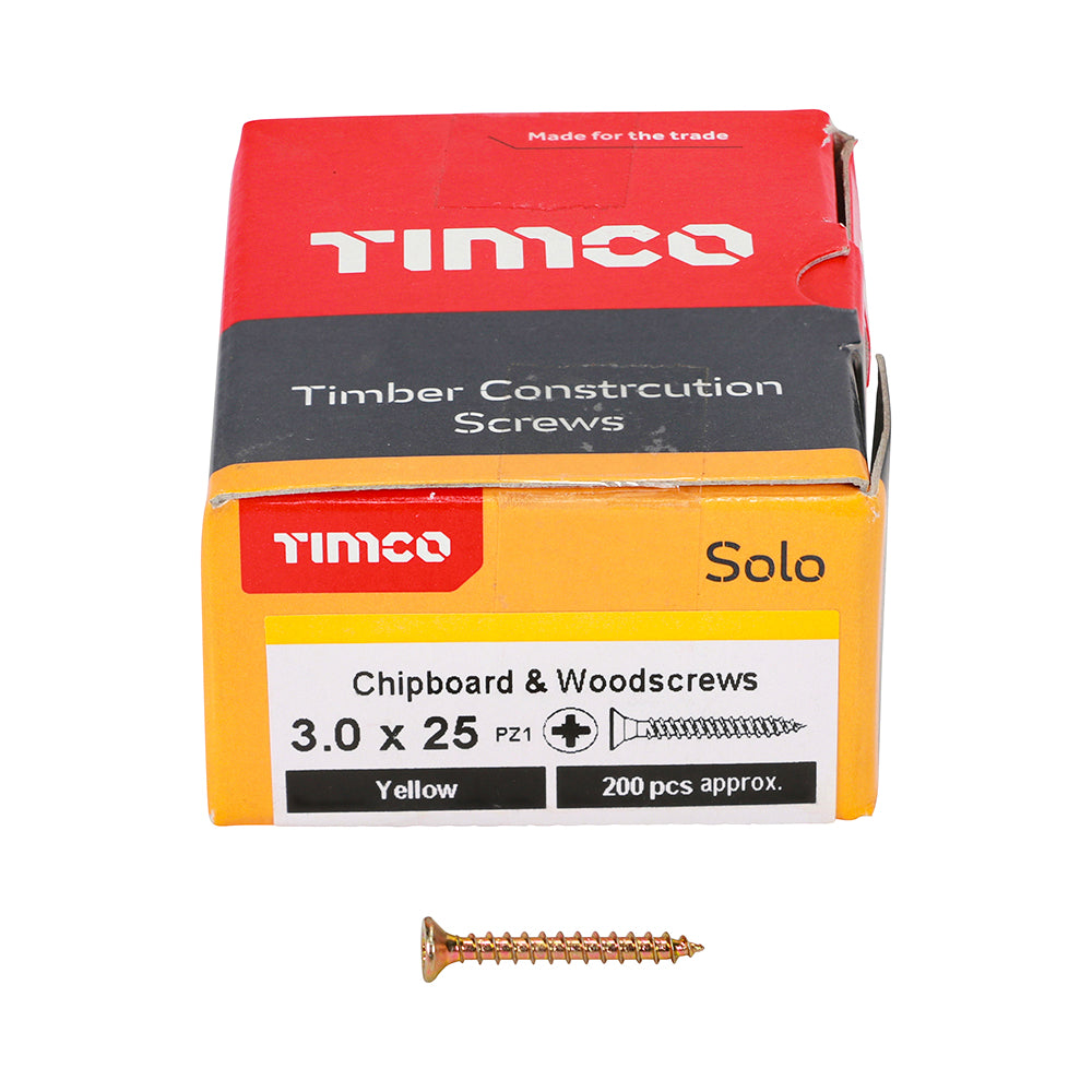 3.0 x 25 Solo Chipboard & Woodscrews - PZ - Double Countersunk - Yellow