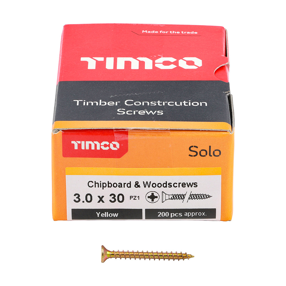 3.0 x 30 Solo Chipboard & Woodscrews - PZ - Double Countersunk - Yellow