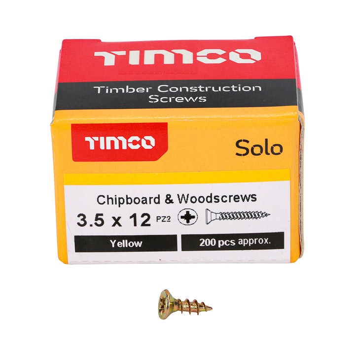 3.5 x 12 Solo Chipboard & Woodscrews - PZ - Double Countersunk - Yellow
