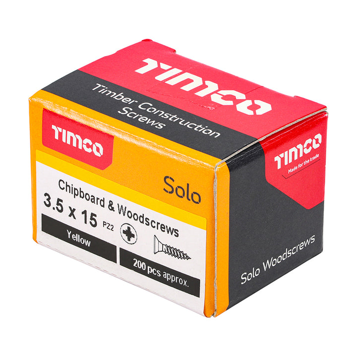 3.5 x 15 Solo Chipboard & Woodscrews - PZ - Double Countersunk - Yellow