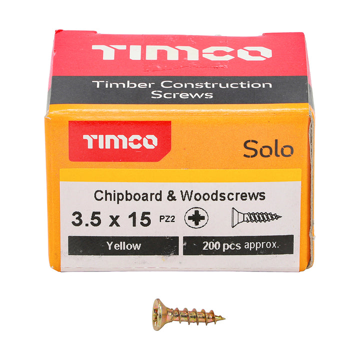 3.5 x 15 Solo Chipboard & Woodscrews - PZ - Double Countersunk - Yellow